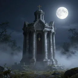 photorealistic wide shot of a requiem in the moonlight, octane render, unreal engine 4k, volumetric light, fog, detailed