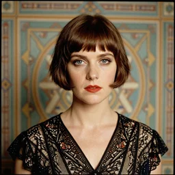Colleen Moore 25 years old, bob haircut, portrait by Patrick Nagel, 1920s, patterned tessellation