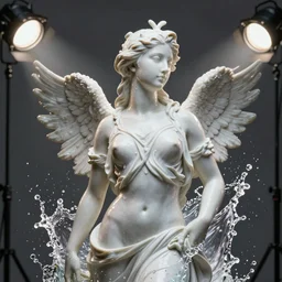 perfect statue of a woman ( desgined by apple ) in a splash of water, studio photo, studio lights, macro shot