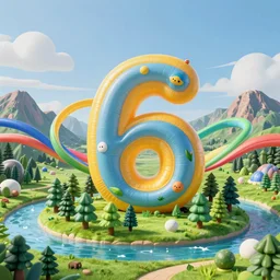 inflatable landscape with forest, river and mountains in the middle of the frame colossal number 6 surrounded by colorful ribbons , concept art, huge scale, high detail, sci fi by James Jean