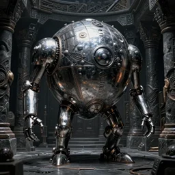 steel spherical golem in dark stone room, intricate, sharp focus, highly detailed, concept art, digital painting, giger, beksinski