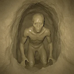found footage of a humanoid made of wet clay emerging from a wall inside of a cave made of wet clay, creepy, flash photography, unsettling, moist, low quality