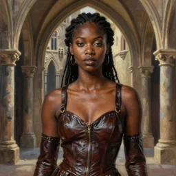 breathtaking detailed soft painting of a sensual black girl in leather clothes, in medieval castle with gothic arches, symmetrical realistic facial features, rembrandt style, elegant, highly detailed, artstation, concept art, matte, sharp focus, art by tom bagshaw, kelogsloops and greg rutkowski