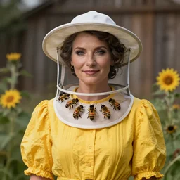 photo of a gorgeous beekeeper woman wearing a yellow dress in the style of stefan kostic, realistic, sharp focus, 8 k high definition, insanely detailed, intricate, elegant, art by stanley lau and artgerm