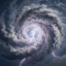 cloud vortex, storm, symmetric, rotational symmetry, spiral, volumetric clouds, lightning, vibrant realflow simulation rendered in maya 3 d, high quality 4 k trending on artstation