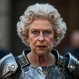 old! queen elizabeth! in futuristic battle armor, face! visible, face visible, glowing lights, detailed, realistic, intricate, trending on artstation
