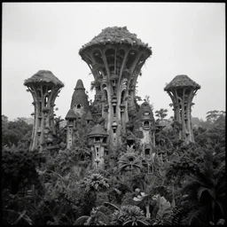year 1 9 0 0, photography, black and white, alien buildings, jungle