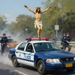 hyperrealism painting of jesus christ on top of a police car in a police chase