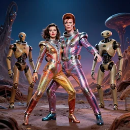 milla jovovich and david bowie wearing a rocknroll glitzy glamour spacesuit, psychedelic, beautiful, heroic action pose, a friendly android, stunning alien landscape, cinematic, dramatic studio lighting, wide shot, in the style of kubrick, ridley scott, jodorowsky, dune, star wars, octane render 8 k