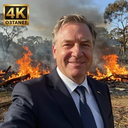 Prime Minister Scott Morrison selfie by a bush fire, cinematic, hyper realism, high detail, vivid colors, octane render, unreal engine, 8k