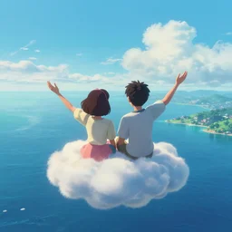 conceptual art of one loving couple sitting on a cloud with palms, high in the sky above a paradisiac  ocean, mattepainting concept pixar maya engine on stylized background  global illumination lighting artstation in the style of MIYASAKI