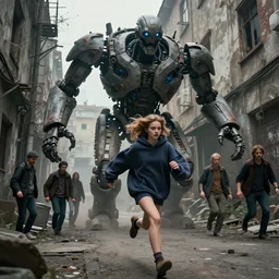 sadie sink quickly runs by us ( in oversized hoodie ) | a massive scary robot runs to us | background : alleyway near decaying tenements. concept art for scifi dystopian film. by nikolay makovsky, bob byerley, wadim kashin, andrea kowch. cinematic moody atmosphere, detailed and intricate, perfect anatomy
