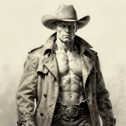 centered detailed portrait of the judge from blood meridian, a muscular, hairless albino cowboy, torn trenchcoat, art by jean giraud and moebius, grimy texture, realistic, expressive emotions, cream and grey gradient