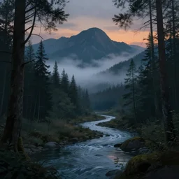 beautiful evening landscape, mystery forest, mist, mountains, river, artstation, procreate, digital art, realistic style, digital painting