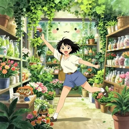 anime visual of a woman shopping in a florist's store interior with lush overgrowth, ivy, foliage, flowers, cute face by ilya kuvshinov, kyoani, artgerm, hiroaki samura, yoshinari yoh, wlop, katsuhiro otomo, loish, dynamic pose, cel shaded, anime poster