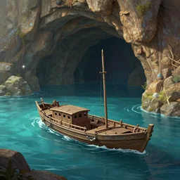 a boat floating in a body of water next to a cave, a detailed matte painting by anton fadeev, polycount contest winner, fantasy art, volumetric lighting, sketchfab, 2 d game art