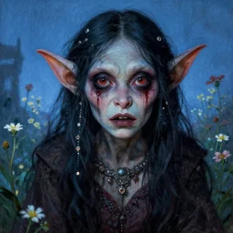 a pretty but sinister and creepy goblin in layers of fear, with haunted eyes, violence in her eyes, 1 9 7 0 s, seventies, delicate embellishments, a little blood, cumberland, blue dawn light shining on wildflowers, painterly, offset printing technique, by walter popp, alexandre cabanel