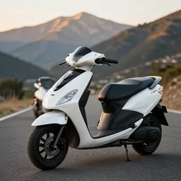 photo of mbk dio with black and white pearlescent paintjob, mountainroad background, golden hour, 5 6 0 ccm, race style, custom scooter, dslr, 8 5 mm, f / 1. 3