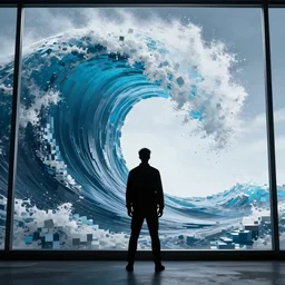 siluette of a man in front of a huge 3 d voxel wave hitting a window, octane render, unreal engine, hyper detailed