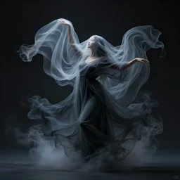 professional render of an ethereal ghostlike figure fluid simulation in houdini dancing in dark smoke robes and silk veils by ilm, paolo roversi, nick knight, gill elvgren, beautiful simplified form distorted by turbulent movement, dark studio background, vivid, romantic, trending on artstation, hyperrealism, matte painting, dutch golden age, fine detail, cgsociety
