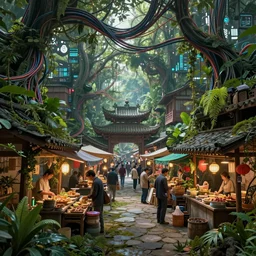 an intricate concept art illustration of an undergrowth asian street market, global illumination, computer wires, digital art, photorealistic movie still, style ivan talavera and artgerm, hyper realistic, photorealistic, octane render, trending on artstation, cgsociety, cinematic light, 8 k