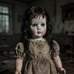 closeup portrait of a creepy antique porcelain doll wearing a dirty dress with long wet black hair standing in a dimly lit filthy room in an abandoned old asylum at night, 8k octane render, cinematic, dramatic lighting, volumetric lighting, vintage photo, (1890)
