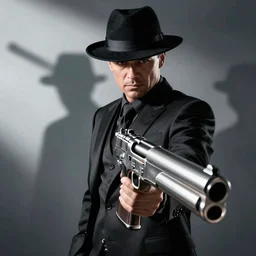 serious looking man in a black suit and black fedora hat. he has a big silver gun, 4 k, atmospheric, epic scene, strong shadows, high contrast