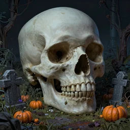 a detailed matte painting of a muted skullwave vaporwave ombre. a small creepy garden at night with cross - shaped tombstone and pumpkins.