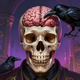 a close - up portrait shot of a man with an open skull, with a crow eating the brain, cult dystopian neon environment, intricate, elegant, highly detailed, centered, digital painting, artstation, concept art, smooth, sharp focus, illustration, artgerm, 8 k, ray tracing