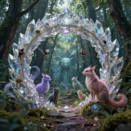 photo of a crystal portal to a different world with magical creatures in it, in the forest. Fantasy magic style. Highly detailed 8k. Intricate. Nikon d850 55mm. Award winning photography.