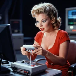 a still of Bettie Page playing with a NES controller, in the movie 2001 A Space Odyssey, cinematic lighting, 4k HDR