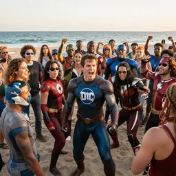 many dc and marvel characters having fun together at a party on the beach