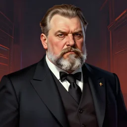 a portrait of a stern, elegantly dressed, heavy set older man with a round face and a salt and pepper goatee, in the style of a soviet era propaganda poster, cyberpunk dark fantasy art, official fanart behance hd artstation by jesper ejsing