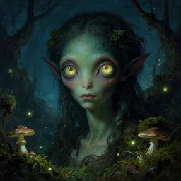 a close - up rococo portrait of a dark alien fairy. giant glowing eyes. surrounded by moss, mushrooms, and swamp, 1 8 th century painting by jean - honore fragonard and moebius. fireflies, night time. gloomy blue green environment, blurry organic dark background. sci - fi fantasy renaissance masterpiece. artstation