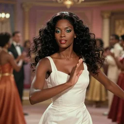 the image is a lost hollywood film still 1 9 9 0 s photograph of a guardian priestess goddess black woman with dark brown skin, long, swirling black hair, and jade colored eyes, dancing in a ballroom. vibrant cinematography, anamorphic lenses, crisp, detailed image in 4 k resolution.