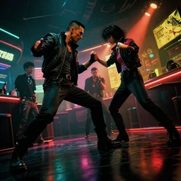gangster in cyberpunk night adult club, 3 5 mm, low angle, blade runner, akira, cinematic angle, cinematic lighting, reflections, action, fight
