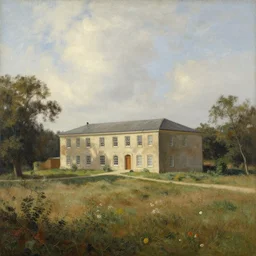 a building in a landscape, by john harris
