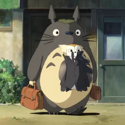 still from studio ghibli movie My Neighbor Totoro, Hayao Miyazaki,barn owl in a black suit wearing an office bag going to the office