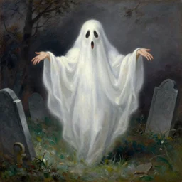 Beautiful portrait painting of a ghost having a delightful dream in a graveyard, oil on canvas, very detailed, by Jean Delville