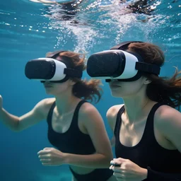 under water pretty women with vr headset, water light scattering, underwater photography, high details, 8 k, realistic shot, cinematic lighting