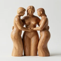 curvy smooth wood sculpture of three beautiful androgynous polyamorous diverse people caressing