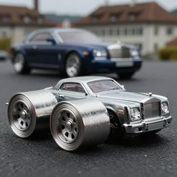 3 5 mm photo of metallic 9 9 rolls - royce boat tail, like hot wheels model with a zurich as background, epic cinematic, epic lighting