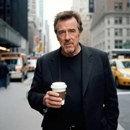 kevin bacon stands in new york city, holding cup of coffee, 3 5 mm photography