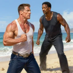 John Cena fights Will Smith on the beach, intricate, stunning, highly detailed, digital painting, artstation, concept art, smooth, sharp, focus, illustration, art by artgerm and greg rutkowski and alphonse mucha