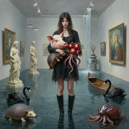 painting of a tall emo girl in a flooded art gallery, holding a pig's head, an armadillo, pomegranates, octopus, metal sculpture, long black boots, flooded, stone sculptures, art on the walls, fish, zen, waterfall, black swans, canoe, berries, surrealist, by magritte and monet