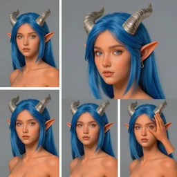 triptych of youthful female feminine horned tiefling female bard with long bob cut blue hairstyle, her skin is orange and pale, she has immaculate skin and her eyes are pure black orbs and she is wearing colorful leather armor by rossdraws,