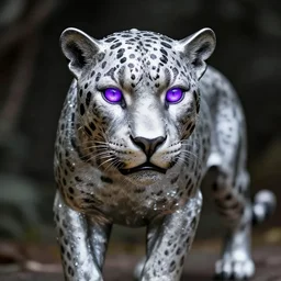 portrait photography of a silver jaguar sculpture with glowing purple eyes