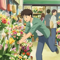 anime visual of a man buying flowers in a busy flower shop, a few people, cute face by ilya kuvshinov, makoto shinkai, kyoani, masakazu katsura, dynamic pose, crisp and sharp, yoshinari yoh, rounded eyes, anime poster, cel shaded