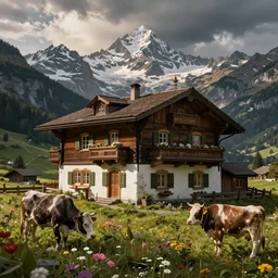 Steampunk swiss chalet, beautiful, mountains, flowers, cows