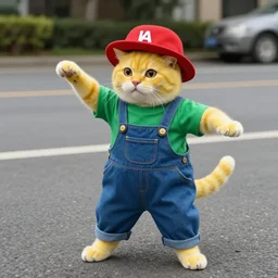 realistic photograph of a bright yellow cat wearing 'red hat', 'green shirt' and 'blue overalls' dancing in a parking lot